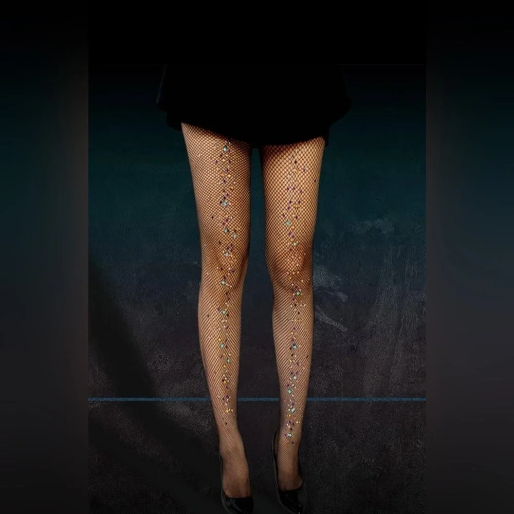 New Women's Rhinestone Black Net Mesh Stretch Transparent Stockings Tights